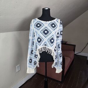 House of Harlow 1960 Crochet Fringe Crop Sweater Boho Festival One Size